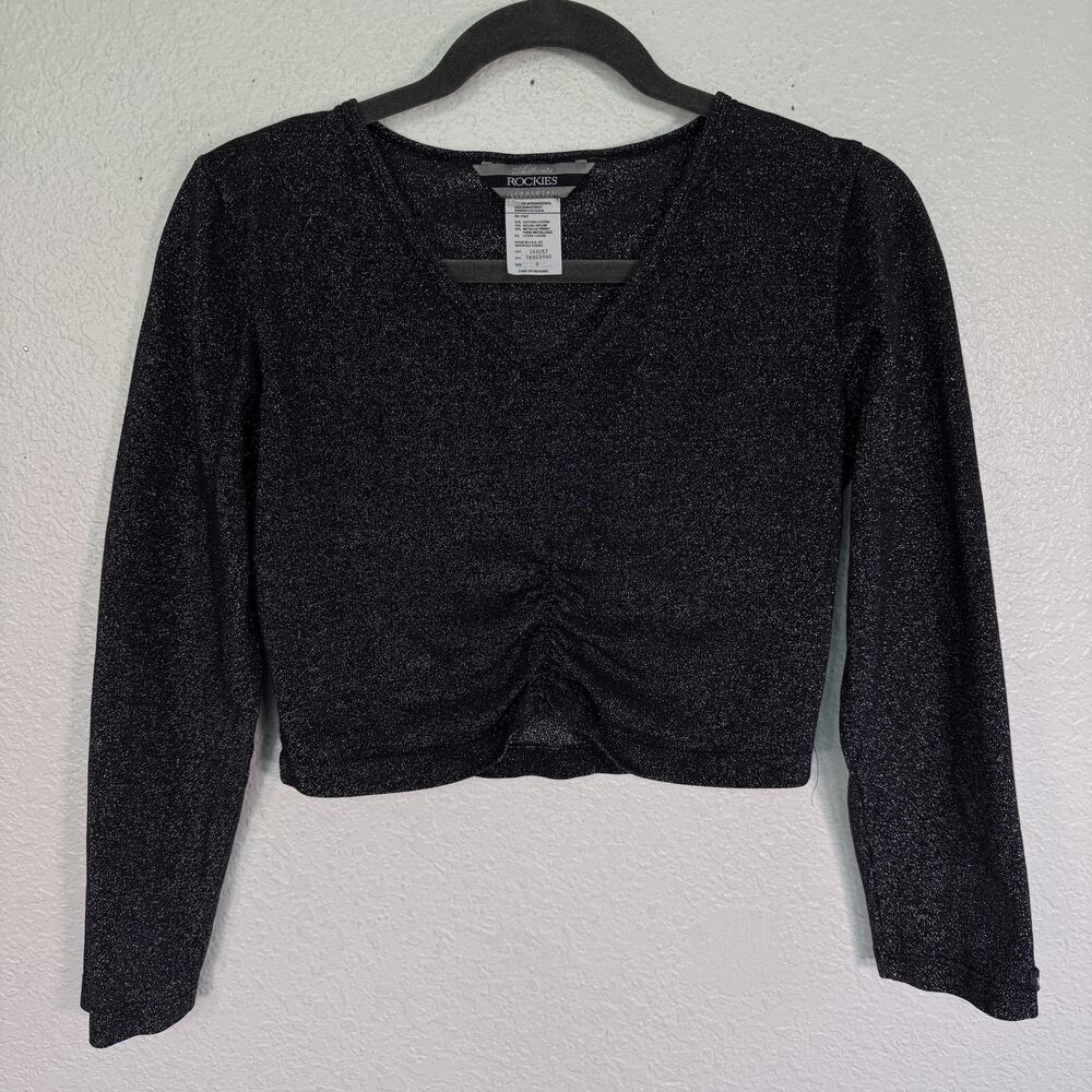 Rockies Top Women Small Black Glitter Cropped V Neck Ruched Long Sleeve Tee Vtg